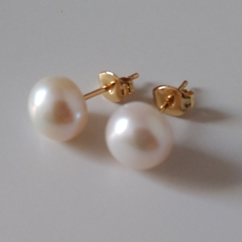 Estate 14k Gold Natural Large 10/11mm Akoya Pearl Stud Earrings+ Gift Box
